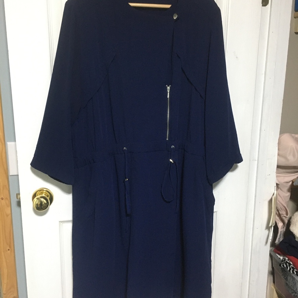 Dex Navy Long Sleeve Zip-Front Drawstring Dress